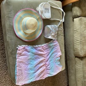 Size 8 swim suit coverup, 2 bags and a beach hat.